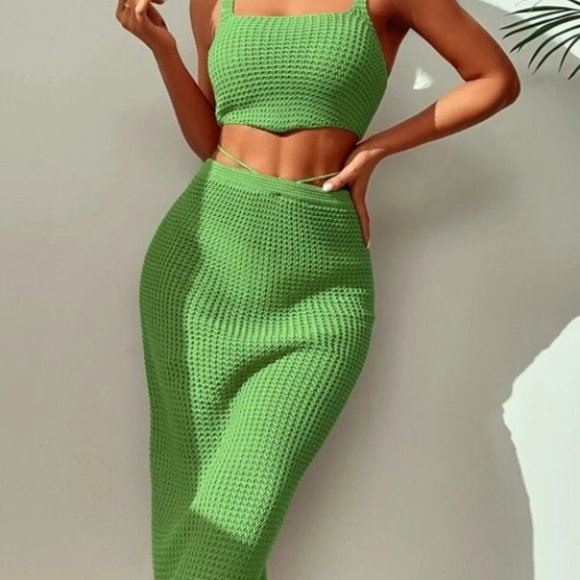 2 piece knit skirt and crop top knit coverup set Green - Picture 9 of 15